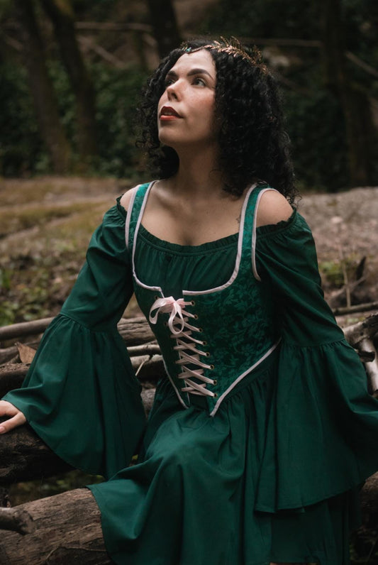 corset réversible Nymphéa , artisanal, brodée à la main , sur mesure , fait main, tissu recyclé face laçages cotée vert 